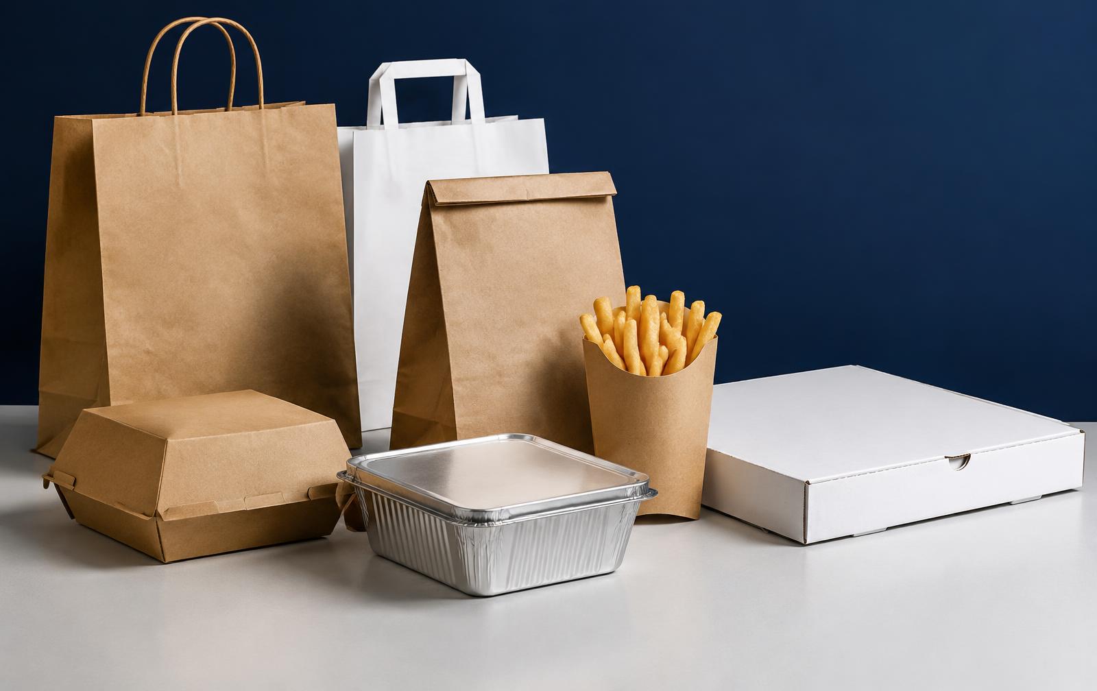 Composição de embalagens para delivery: caixas, sacos kraft e embalagens para alimentos